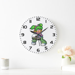 Grande Horloge Ronde DJ Girl avec cheveux verts et casques