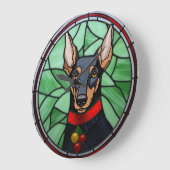 Grande Horloge Ronde Doberman Pinscher Vitrail Noël (Angle)