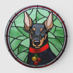 Grande Horloge Ronde Doberman Pinscher Vitrail Noël