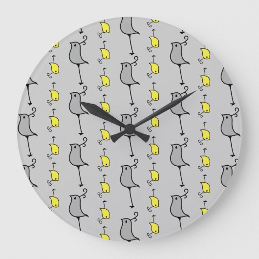 Grande Horloge Ronde Doodle Birds, Grey et Jaune (Recto)