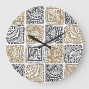 Grande Horloge Ronde Doodle géométrique, motif abstrait vintage.