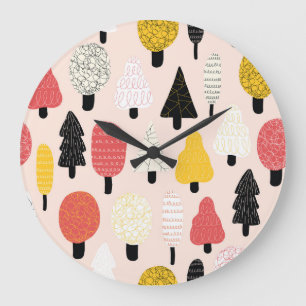 Grande Horloge Ronde Doodle Trees : Nature Vintage, Abstraite.