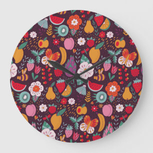 Grande Horloge Ronde Doodles de fruits, décoration d'été dessinée à la