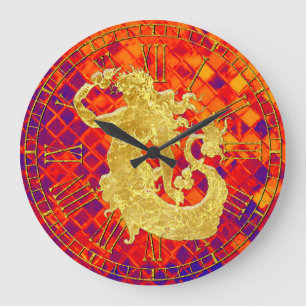 Grande Horloge Ronde Doré Vintage sirène Coucher de soleil de mer verre