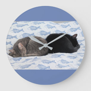 Grande Horloge Ronde Douces Rêves Félin Parmi les Poissons Bleus