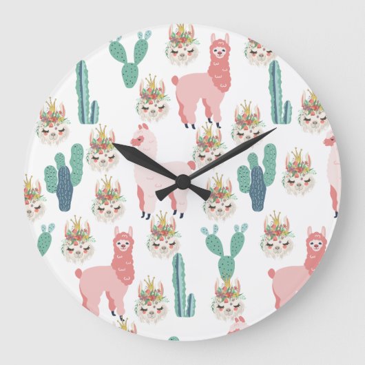 Grande Horloge Ronde Doux Lamas roses et cactus vert (Recto)