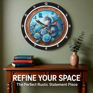 Grande Horloge Ronde Dragon Azur Rose Bleue Fantastique