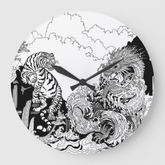 Grande Horloge Ronde Dragon d'azur et Tigre blanc. Illustration