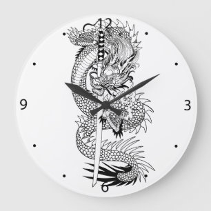 Grande Horloge Ronde Dragon japonais avec épée de katana 