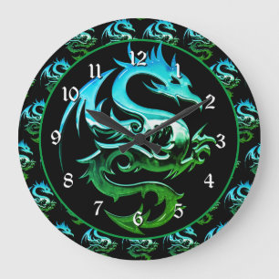 Grande Horloge Ronde Dragon métallique vert