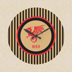 Grande Horloge Ronde Dragon Rouge avec Monogramme à Rayures Noires Or R
