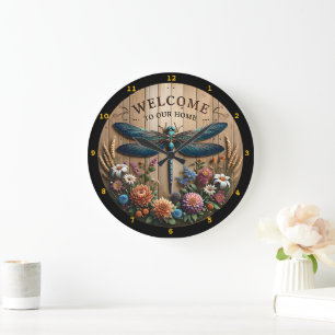 Grande Horloge Ronde Dragonfly Welcome Floral Home Wall