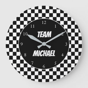 Grande Horloge Ronde Drapeau à damier noir et blanc Personnalisé pour l