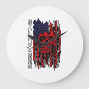 Grande Horloge Ronde Drapeau américain crâne rouge Halloween Toiles d'a