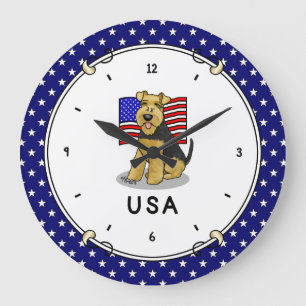 Grande Horloge Ronde Drapeau américain Gallois Terrier Chien mignon Pat