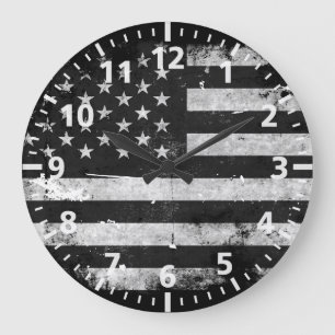 Grande Horloge Ronde Drapeau américain grunge noir et blanc
