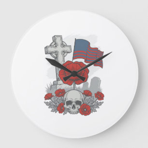 Grande Horloge Ronde Drapeau de pavot commémoratif Croix Gravure Vintag