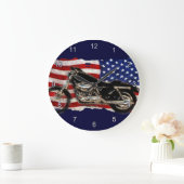 Grande Horloge Ronde Drapeau des USA, moto, motocyclette, porc (Maison)
