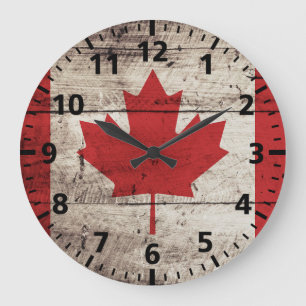 Grande Horloge Ronde Drapeau du Canada sur le vieux grain en bois