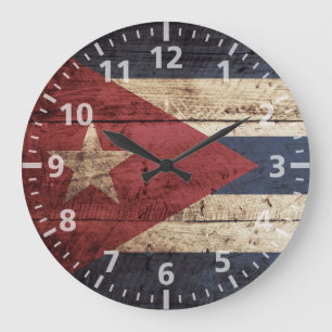 Grande Horloge Ronde Drapeau du Cuba sur le vieux grain en bois