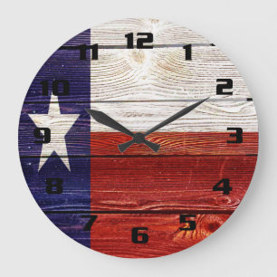 Grande Horloge Ronde Drapeau du Texas sur texture de bois rustique