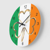 Grande Horloge Ronde Drapeau irlandais Faux Gold Shamrock Clover (Angle)