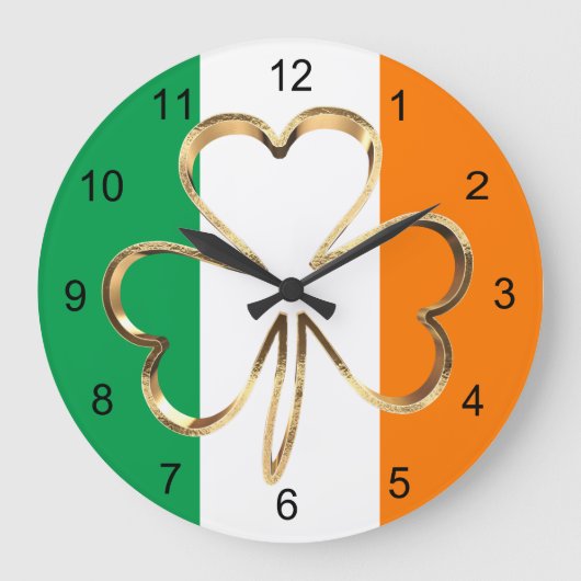 Grande Horloge Ronde Drapeau irlandais Faux Gold Shamrock Clover (Recto)