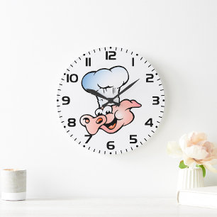 Grande Horloge Ronde Drôle Cartoon Cochon Chef avec Casquette