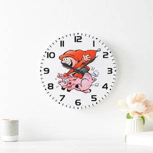 Grande Horloge Ronde Drôle Cartoon Gnome équitation Flying Pig