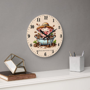 Grande Horloge Ronde Drôle cochon sty ajouter du texte salle de bain