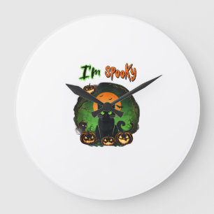 Grande Horloge Ronde Drôle de chat noir d'Halloween effrayant Citrouill