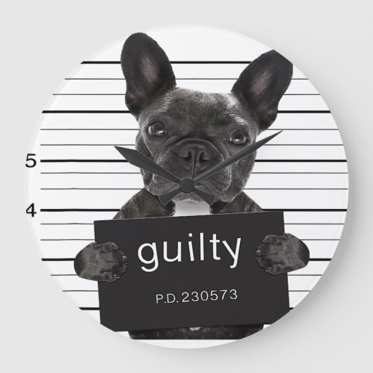Grande Horloge Ronde Drôle Français Bulldog Jail Mugshot Bad Chien Crim (Recto)