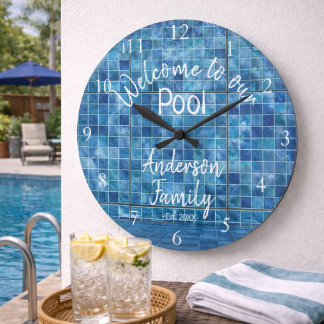 Grande Horloge Ronde Eau de Piscine Bleue Personnalisée Bienvenue dans