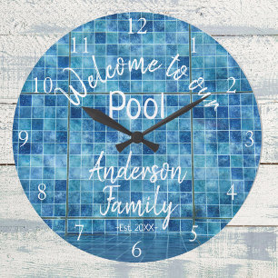 Grande Horloge Ronde Eau de piscine bleue personnalisée Bienvenue dans 