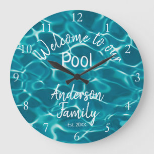 Grande Horloge Ronde Eau de piscine bleue personnalisée Bienvenue dans 