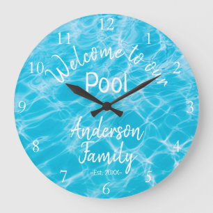 Grande Horloge Ronde Eau de piscine bleue personnalisée Bienvenue dans 