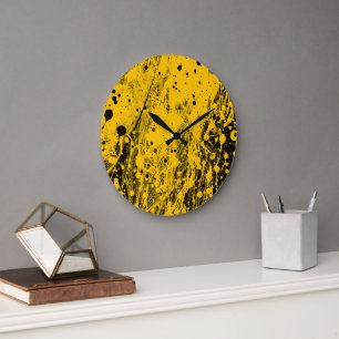 Grande Horloge Ronde Éclaboussures de peinture noire et jaune