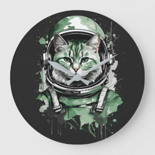 Grande Horloge Ronde Éclat de chat de l'astronaute vert