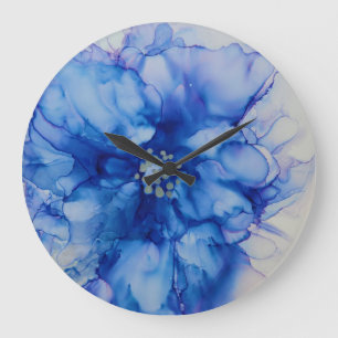 Grande Horloge Ronde Écran de fleurs bleues Abstraites