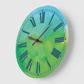 Grande Horloge Ronde Effet Aquarelle bleue et verte (Angle)