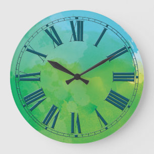 Grande Horloge Ronde Effet Aquarelle bleue et verte