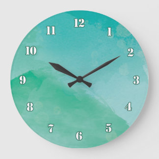 Grande Horloge Ronde Effet d'aquarelle bleu vert superbe