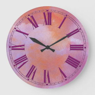 Grande Horloge Ronde Effet d'aquarelle violette et orange