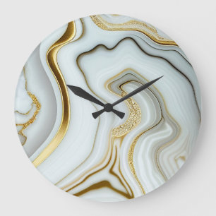 Grande Horloge Ronde Effet de marbre blanc avec des contours dorés flui