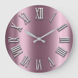 Grande Horloge Ronde Eggplant Blush Grey Métal Gris Argent Roman Nombre