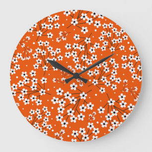 Grande Horloge Ronde Élégance asiatique : Rouge Floral sans fil impress