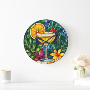 Grande Horloge Ronde Élégance de cocktail tropical" - Verre de couleur