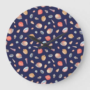 Grande Horloge Ronde Elégance du coquillage : Motif bleu d'été.