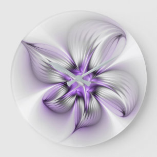 Grande Horloge Ronde Élégance florale Art fractal violet abstrait moder