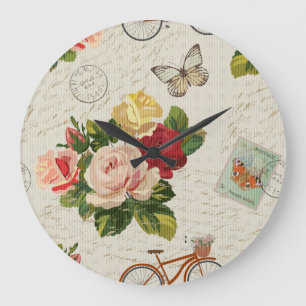 Grande Horloge Ronde Elégance florale vintage, papillon